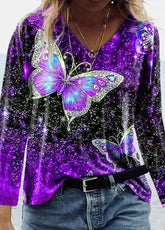 Butterfly Printed V Neck Long Sleeve T-shirt