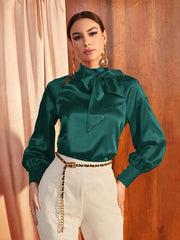 Women's Blouses Elegant Solid Color Bow Tie Collar Long Sleeve Blouse