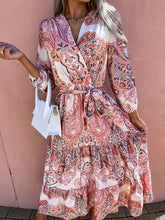 Women Dresses Fashion Print V Neck Long Sleeve Midi Dress