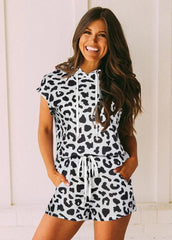 Leopard Short Sleeve Hoodie And Shorts
