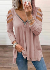 Cold Shoulder Zipper V Neck Long Sleeve T-shirt