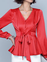 Elegant Peplum Tie Front Short Bell Sleeve V Neck Blouse