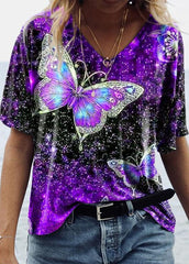 Butterfly Printed V Neck Short Sleeve T-shirt