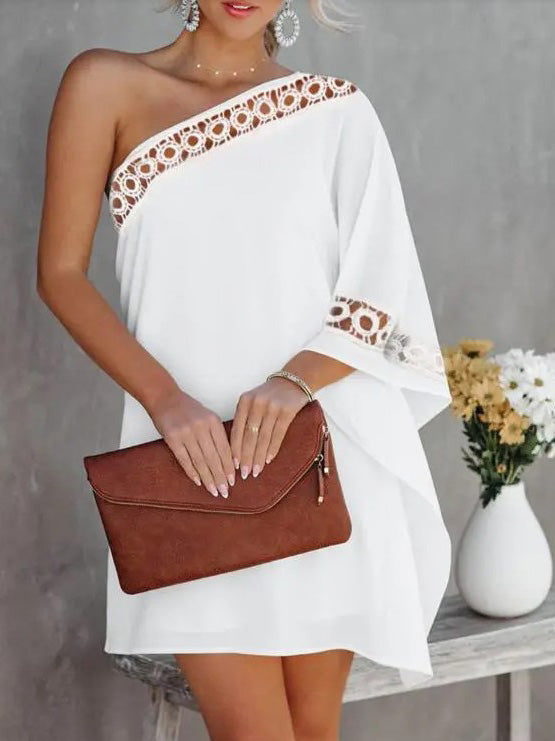 Women's Dresses Loose Solid One Shoulder Lace Panel Dress Zittos Women's Dresses Loose Solid One Shoulder Lace Panel Dress Zittos