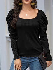 Solid Square Neck Puff Long Sleeve Top