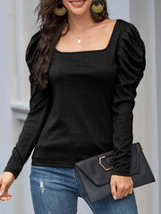 Solid Square Neck Puff Long Sleeve Top