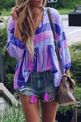 Color Block Tassels Stripe Loose Blouse
