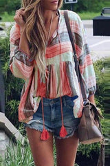 Color Block Tassels Stripe Loose Blouse