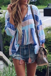 Color Block Tassels Stripe Loose Blouse