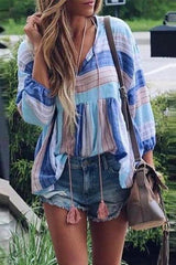 Color Block Tassels Stripe Loose Blouse