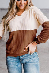 Color Block V Neck Long Sleeve Knit T Shirt
