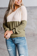 Color Block V Neck Long Sleeve Knit T Shirt