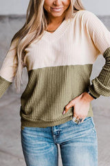 Color Block V Neck Long Sleeve Knit T Shirt