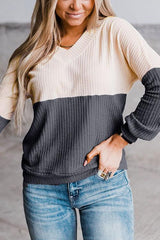 Color Block V Neck Long Sleeve Knit T Shirt