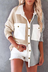 Colorblock Fleece Pockets Button Shirt