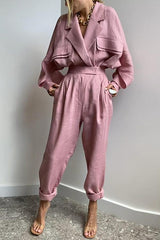 Linen Button Pockets Bat Jackets Pants Set