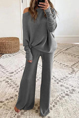 Solid Knit Dew Shouler Pants Sets
