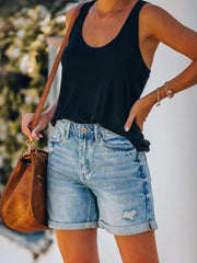 Washed Crim Hole Denim Shorts