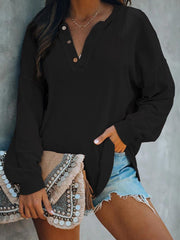Female Collar Button Long-sleeve V-neck T-shirt