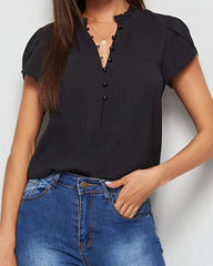 Button Front Frill Trim Tulip Sleeve Blouse