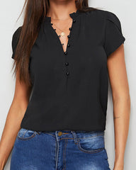 Button Front Frill Trim Tulip Sleeve Blouse