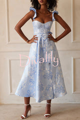 Floral Print Bow High Waist Pocket Midi Dress