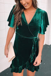 Corduroy V-neck Irregular Flounce Mini Dress