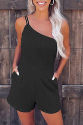 Blue One Shoulder Invisible Zip Side Pocketed Romper