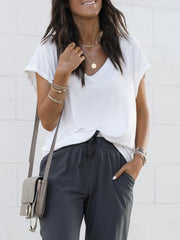 Solid V-Neck Short-Sleeve Loose T-shirt