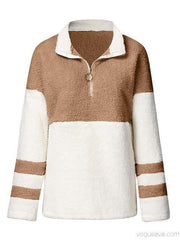 Contrast Color Zipper Up Plush Sweatshirt