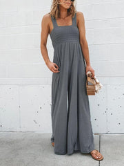 Stretchable Pocket Straps Shirred Wide Leg Jumpsuit