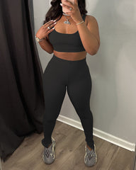 Solid Ribbed Crop Tank Top & Split Hem Pants Set