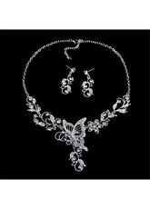 Butterfly and Flower Necklace and Rhinestone Embellished Earrings