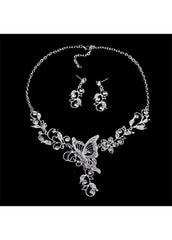 Butterfly and Flower Necklace and Rhinestone Embellished Earrings