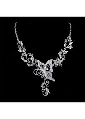 Butterfly and Flower Necklace and Rhinestone Embellished Earrings
