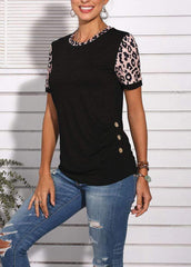 Button Leopard Printed Patchwork Short Sleeve Round Neck T-shirt