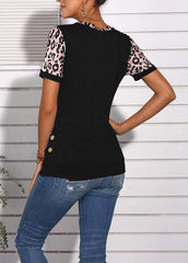 Button Leopard Printed Patchwork Short Sleeve Round Neck T-shirt