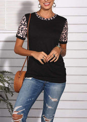 Button Leopard Printed Patchwork Short Sleeve Round Neck T-shirt