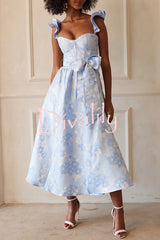 Floral Print Bow High Waist Pocket Midi Dress