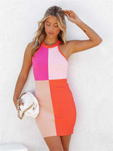 Summer Tide Women's Color Blocking Sleeveless Package Hip Round Neck High Waist Stretch One Step Dress Sleeveless Dress