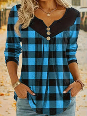 Casual Plaid Print Notch Neck Long Sleeve Button T-Shirt