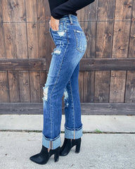 90s Vintage Distressed Roll Hem Zip Fly Jeans