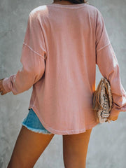 Female Collar Button Long-sleeve V-neck T-shirt