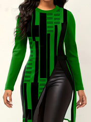 Chic Geometric Split Hem Crew Neck Long Sleeve T-Shirt
