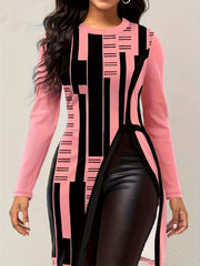 Chic Geometric Split Hem Crew Neck Long Sleeve T-Shirt