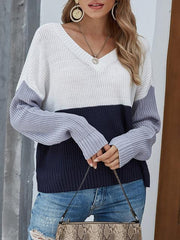 Contrast Color V-neck Knitted Pullover