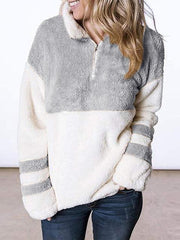 Contrast Color Zipper Up Plush Sweatshirt