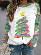 Cozy Christmas Tree Print Long Sleeve Crew Neck Pullover T-Shirt