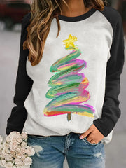 Cozy Christmas Tree Print Long Sleeve Crew Neck Pullover T-Shirt