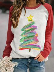 Cozy Christmas Tree Print Long Sleeve Crew Neck Pullover T-Shirt